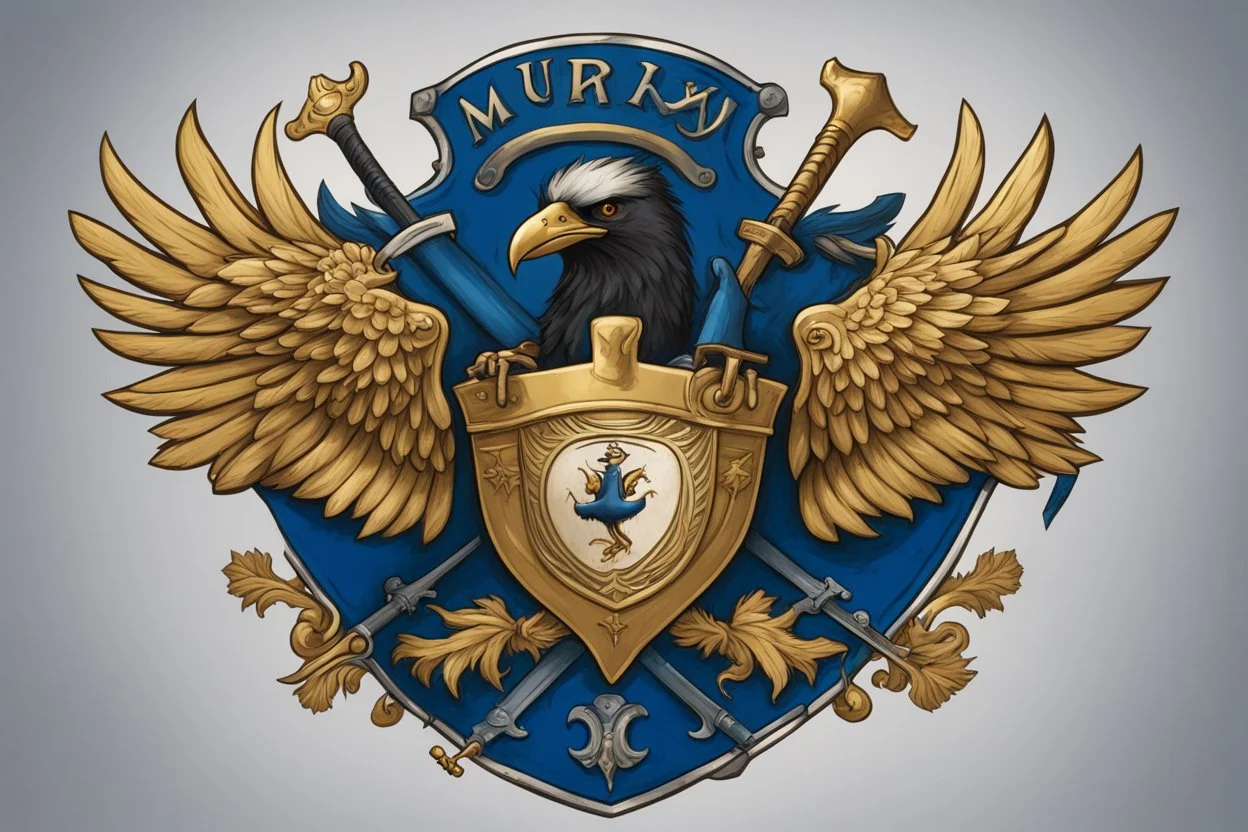 Coat of arms of the Murinian Federation; brass crow; holding sword and szepter; blue banner, green banner, white banner;