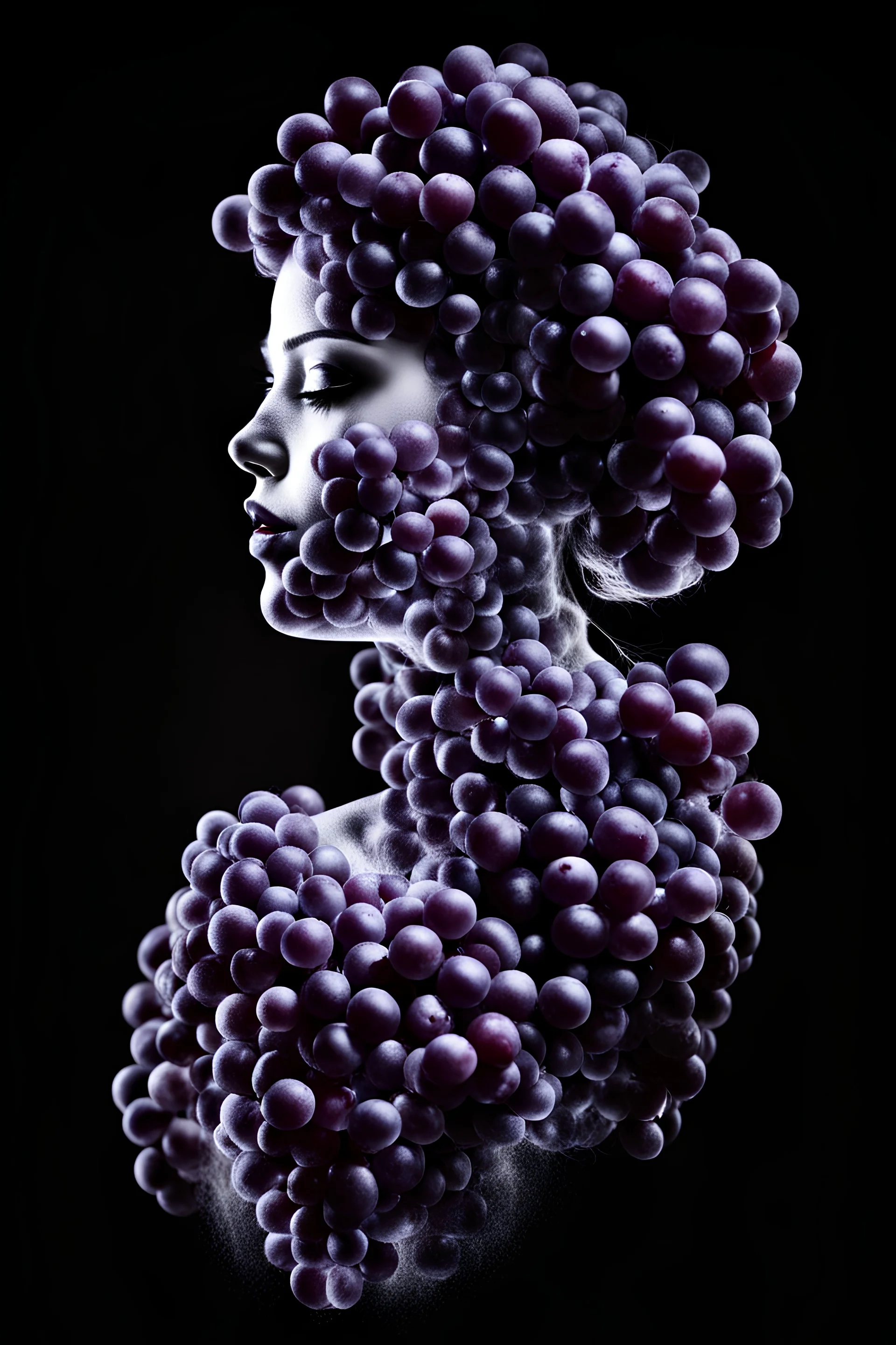 woman made of grapes and wine, x-ray style, black background