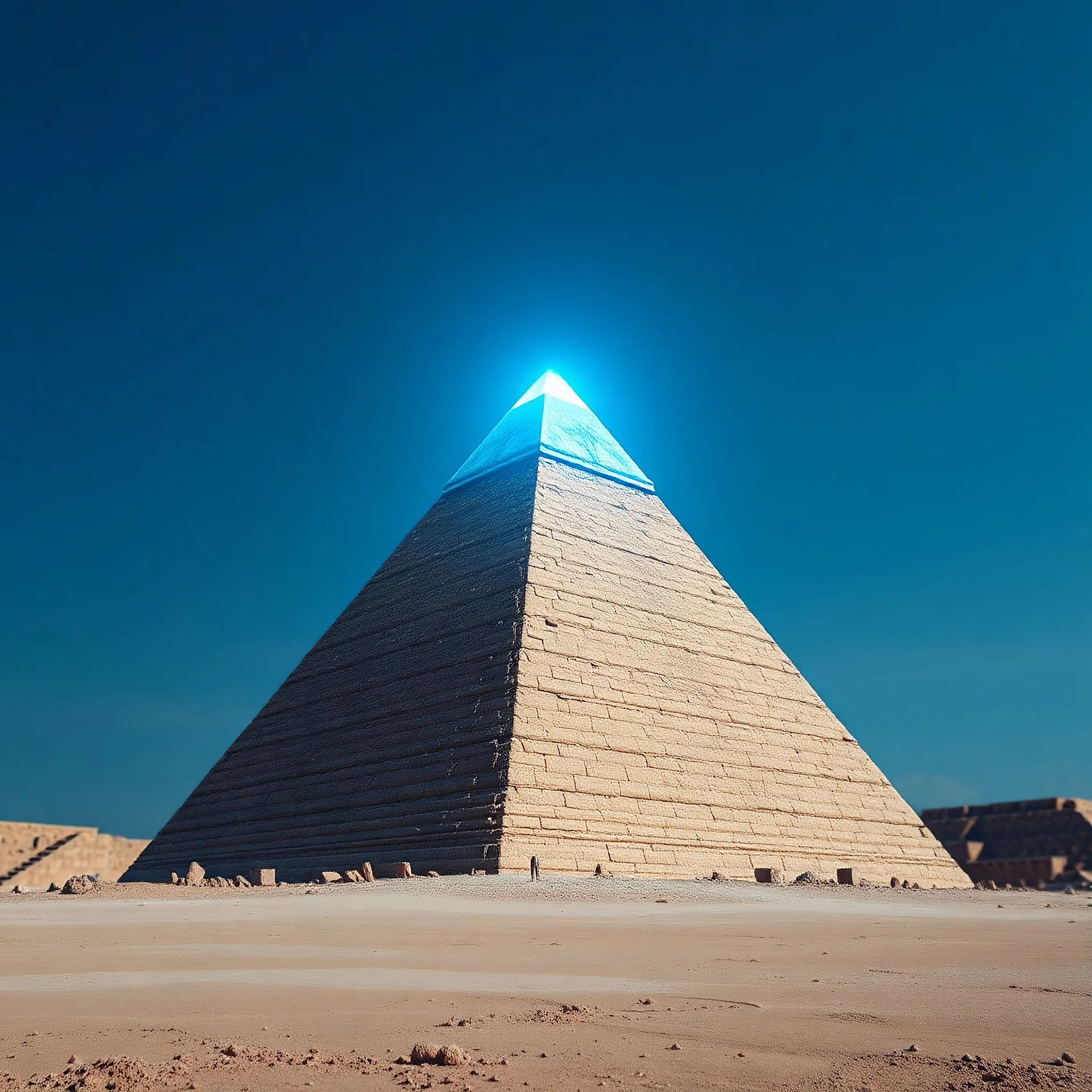 A hyper-realistic, A pyramid with a blue glow above the azure sky. the top is gold., Photo Real, HOF, full size, practicality,manufacturability,performance, (((realism, realistic, realphoto, photography, portrait, realistic, elegant, charming, apocalyptic environment, professional photographer, captured with professional DSLR camera, trending on Artstation, 64k, ultra detailed, ultra accurate detailed, bokeh lighting, surrealism,