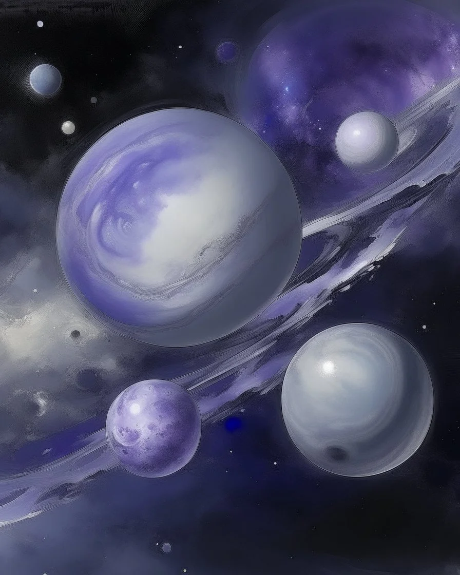 A grayish purple galaxy with orbiting planets painted by Michelangelo di Lodovico Buonarroti Simoni