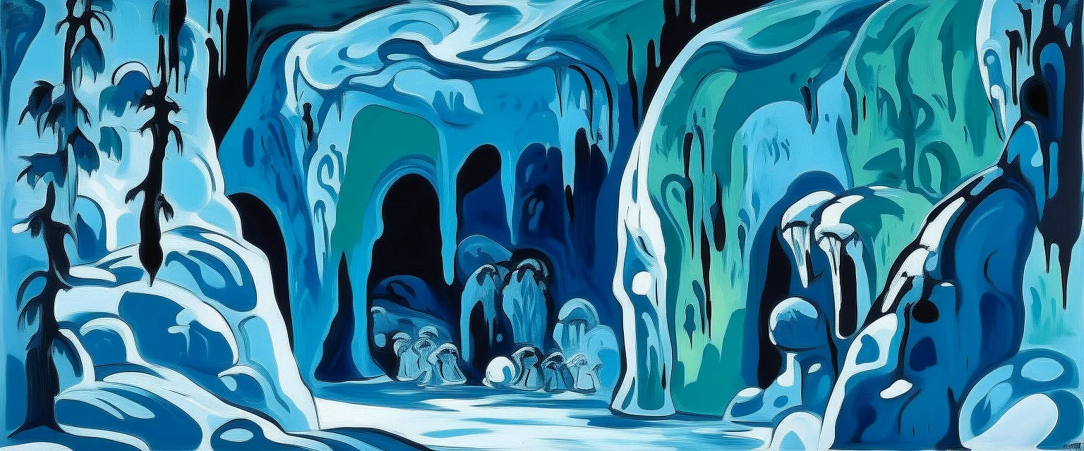 Cyan snowfields with a mystical cave designed in Heidrun manuscripts painted by Henri Matisse