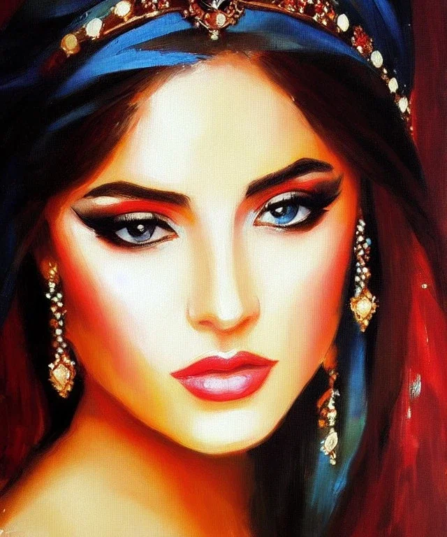 Masterpiece, best quality,The face of a beautiful Arab princess by Bryen Frost rework. trace light, painted impressionist brush strokes. Paint spatters, drips, drabs, dynamic, artstation, Eliza Ivanova