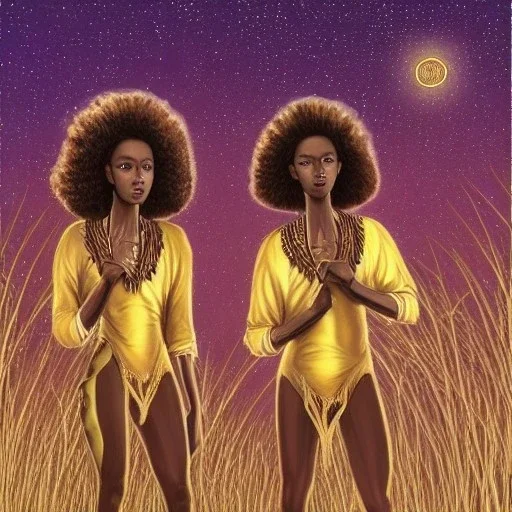 Biologically Female African American Twins, black skin, tall and slender, long afro kinky hair,big brown eyes, long eyelashes warrior wear. Gold accents on clothing. Surround by trees. Holding golden spears. Starry night