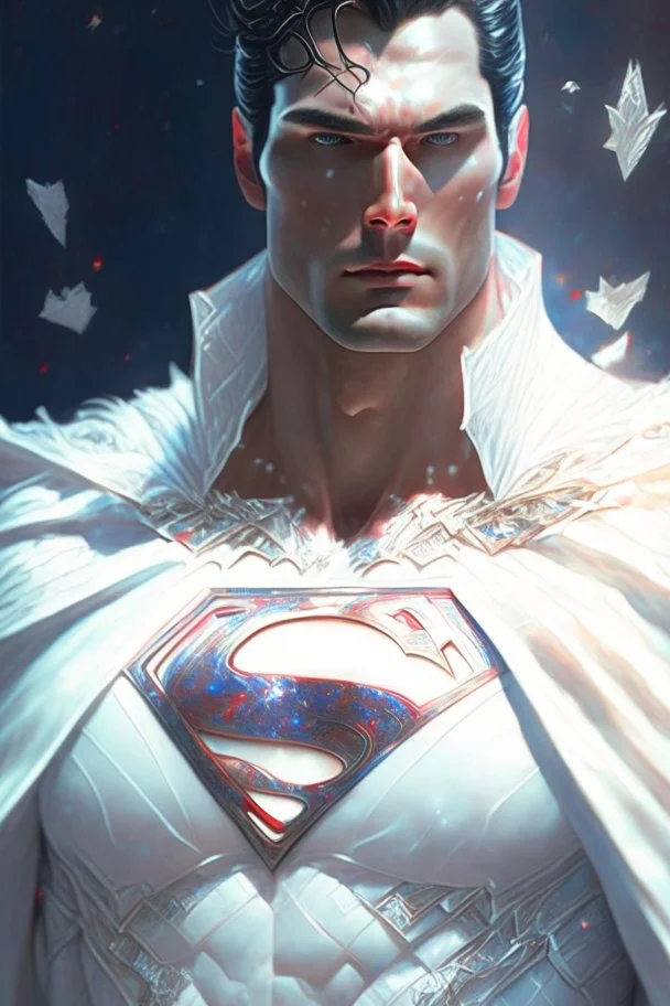 The epic portrait of Superman, dressed in white attire and adorned with gorgeous and surreal intricate details , wide-angle view , Half body composition , shinycinematic , artstation