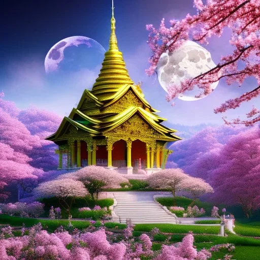 A beautiful temple in the Zapany style on a green mountain and full of cherry trees with spring pink blossoms, the golden bells of the temple ring and announce the full moon at night. High quality,high details, hd, hyper details,