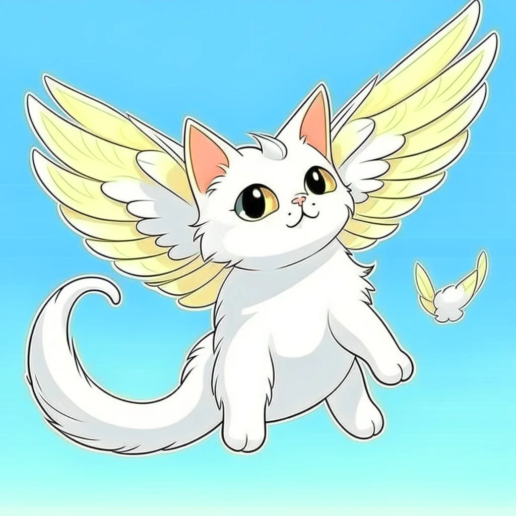 a white cute cat with wings flying in the sky