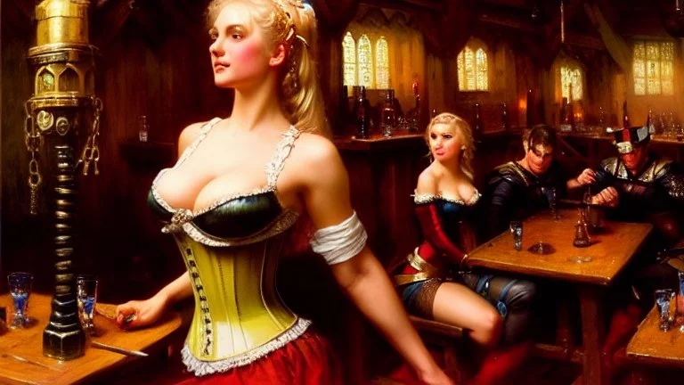 fullbody portrait 'beautiful face busty blonde medieval wench on tavern in medieval city'wearing tight corset,painting by gaston bussiere, greg rutkowski, yoji shinkawa, yoshitaka amano, tsutomu nihei, donato giancola, tim hildebrandt, oil on canvas, cinematic composition,sharp image, extreme detail,((fit full head inside picture)),32k