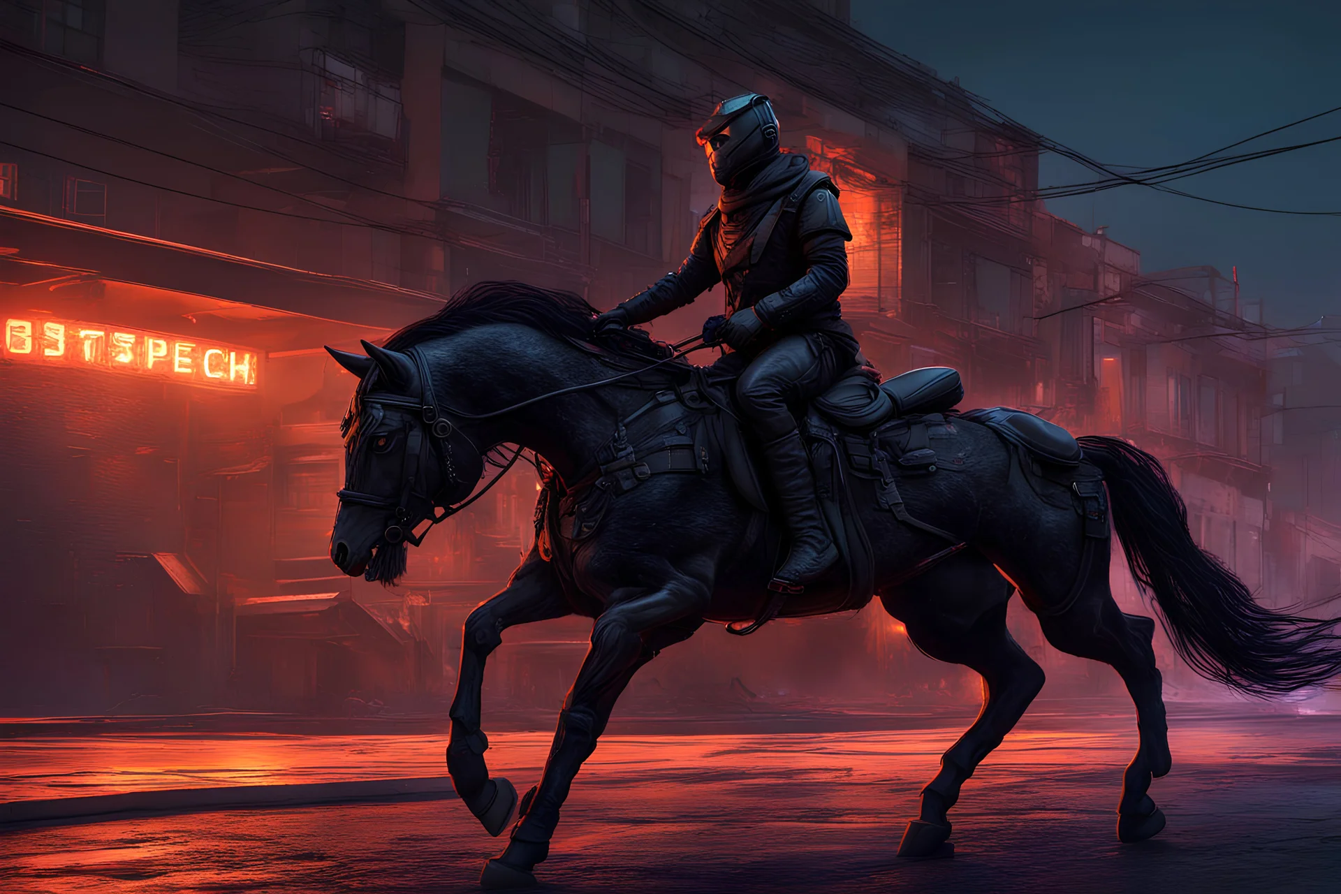 cyberpunk orange cat, riding a black horse, abandoned city in twilight, hyperrealistic, expressively detailed, 3d rendering, dynamic lighting, neon light,