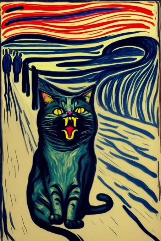 Cat holding paws to head. The scream Edvard Munch. Painting style of Edvard Munch