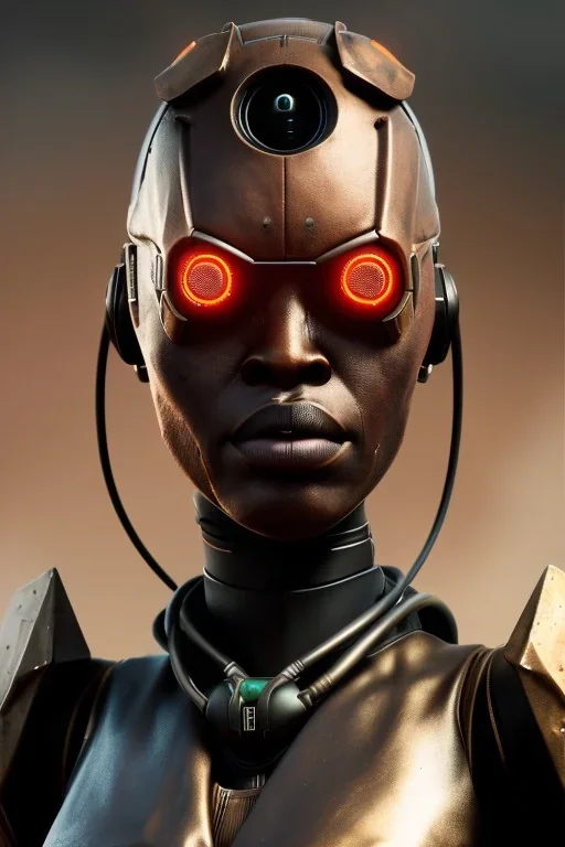 portrait,beautiful african robot, post-apocalyptic in a cyberpunk city, realistic, intriacte detail, sci-fi fantasy style, volumetric lighting, particales,highly detailed,cinamatic, deep colours,8k