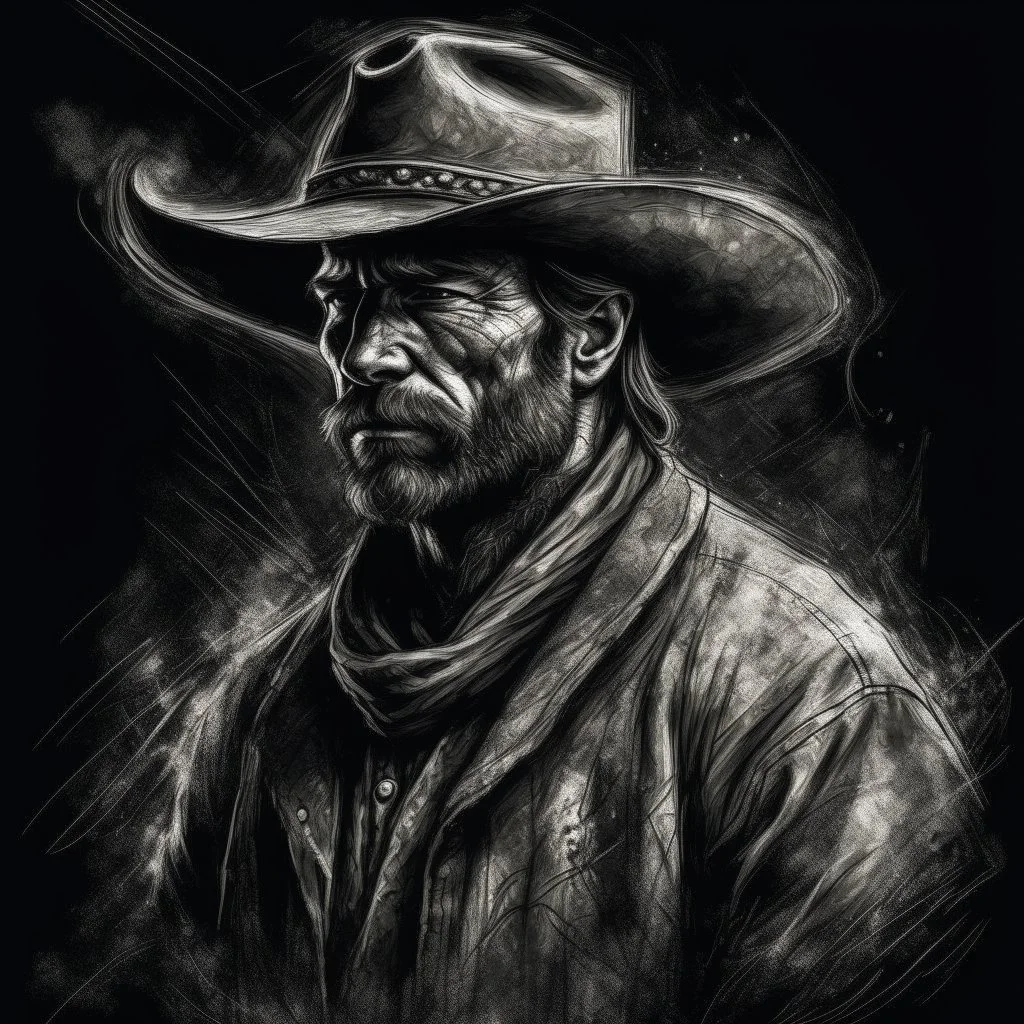 A cowboy readyHyper Realistic Aerial Grungy Dark-Grey Brush strokes on a dark rustic background with charcoals