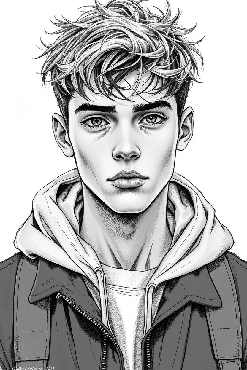 detailed manual graphic art style, youth man portrait, teenager, high detailed face, solitary vibe, modern clothes, short messy hair , atmospheric, detailed linework, highly detailed drawing, modern vibe, artwork, grayscale, no photorealism