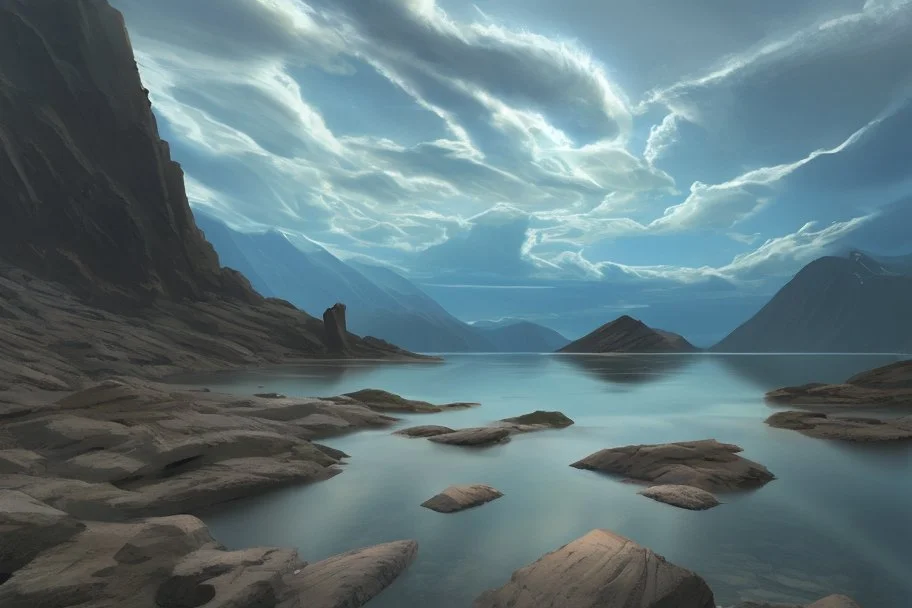 rocks, lake, clouds, epic, sci-fi