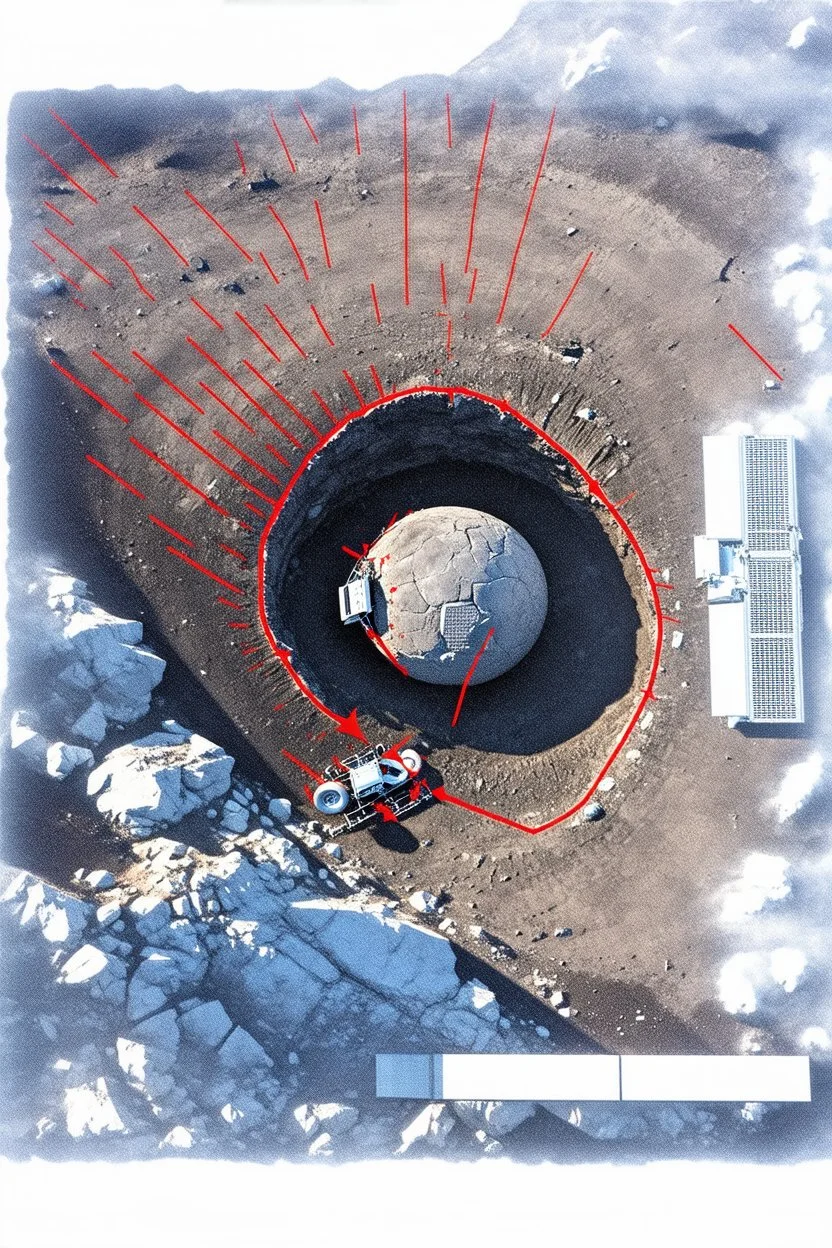 High-altitude lunar reconnaissance satellite image of a young impact crater. larger regolith along right ride. A massive damaged metallic alien sphere with fracture lines on the crater floor. Thin red organic growth radiates across regolith and up crater walls. At the lower frame edge outside the crater, a small modern white single-seat lunar vehicle sits near the rim with visible wheel tracks. Stark vacuum lighting, no atmosphere, pitch-black space, comic page pencils
