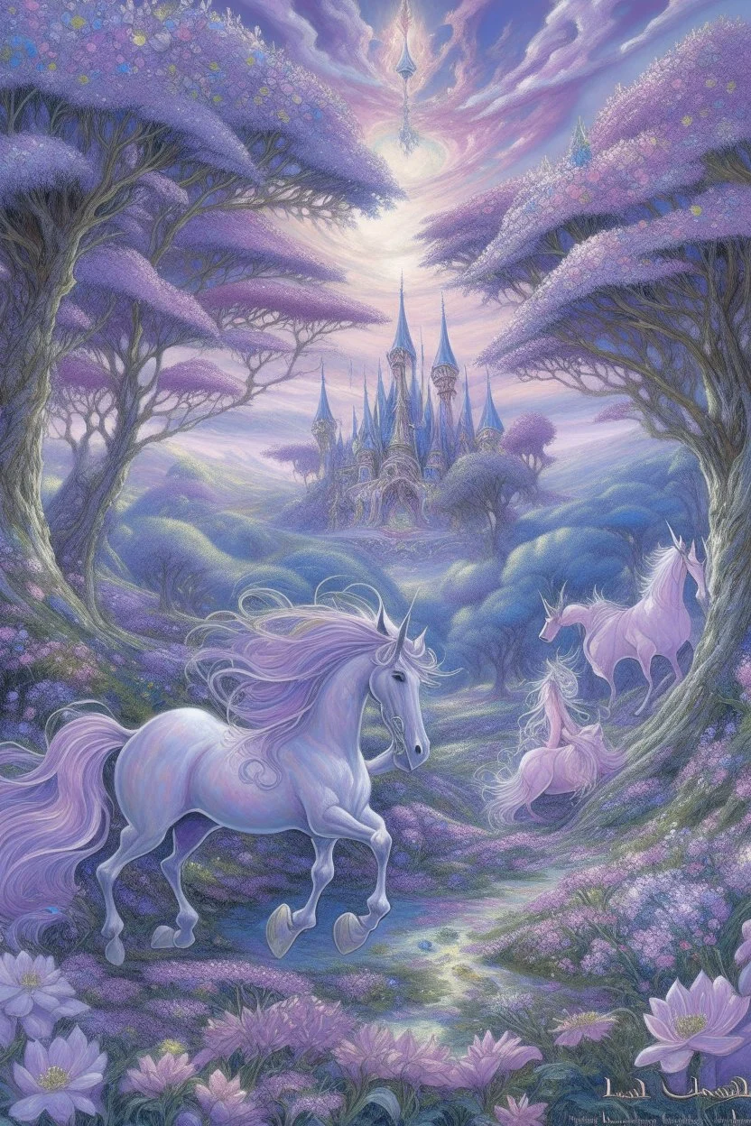 A light purple fairy kingdom with unicorns painted by Claude Monet