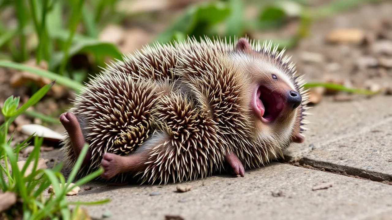 The hedgehog lies on its back and laughs,