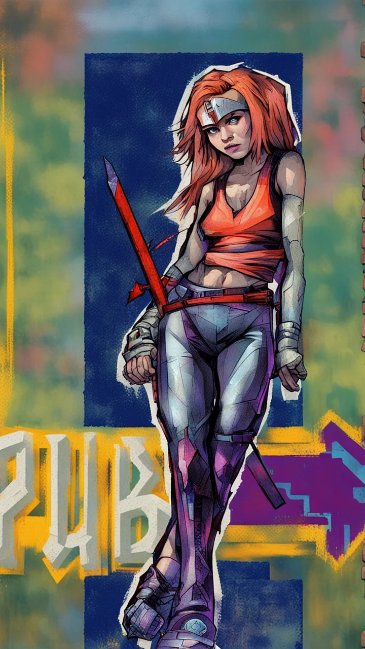 teen woman in retro-futurist cyberpunk costuming with pants and sheathed swords leaning to the side with shoulder against a brick pillar, add a background of brick with graffiti of a large arrow pointing to the right and text of the word "PUB" on lower left