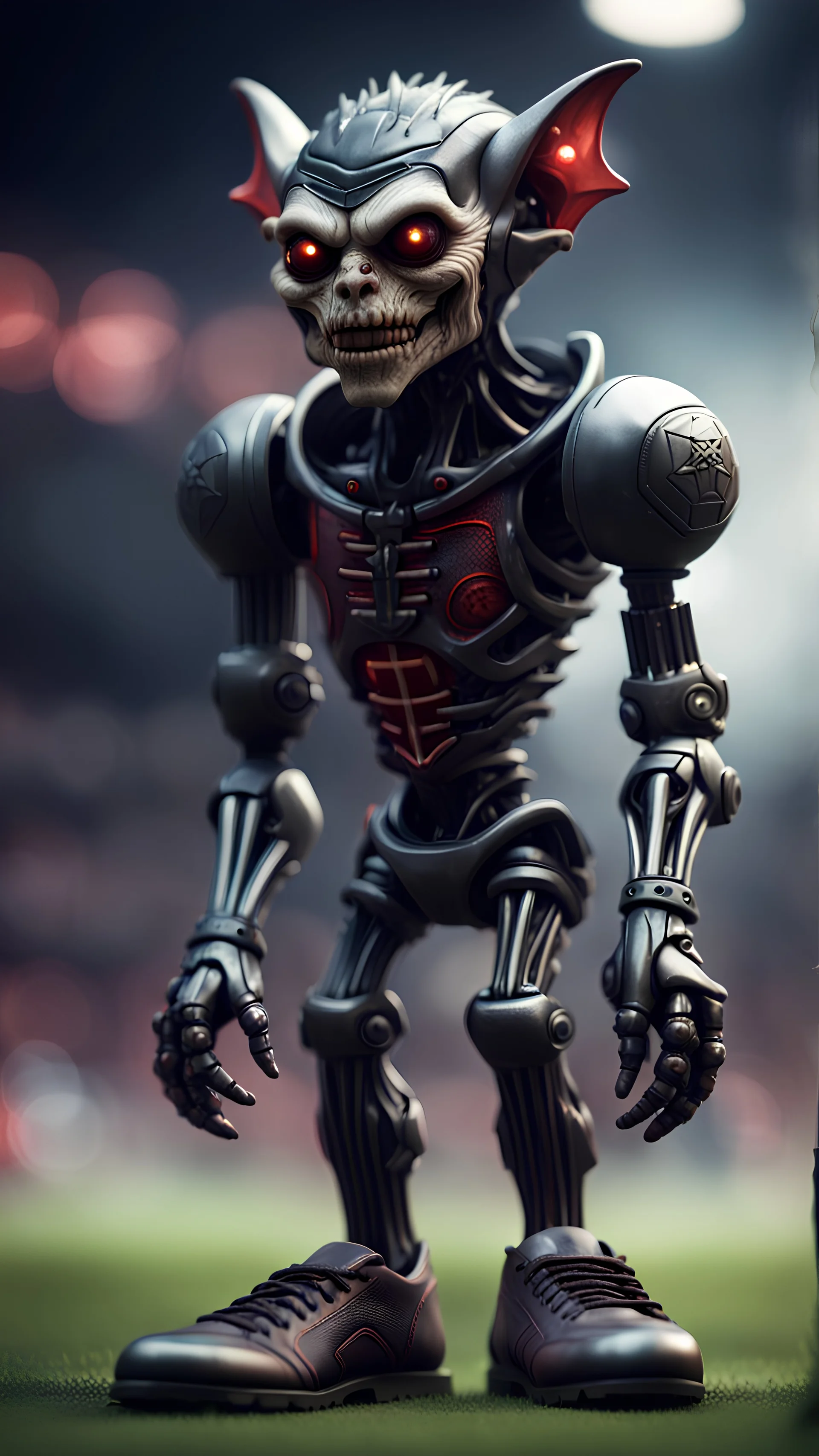 full figure portrait of a vampire werewolf robot goblin gremlin with soccer boots , in the style of Giger,bokeh like f/0.8, tilt-shift lens 8k, high detail, smooth render, down-light, unreal engine, prize winning