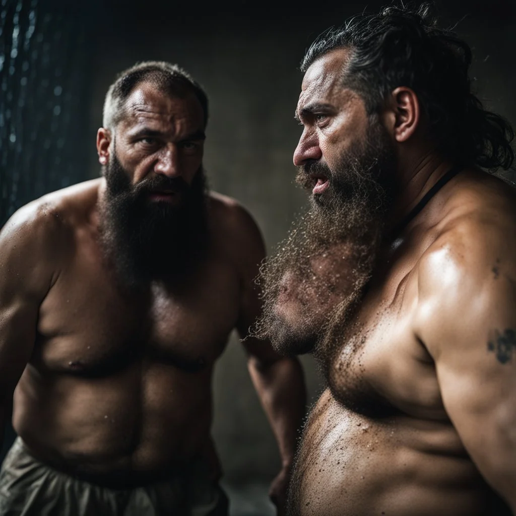 portrait photography of two burly bearded wet sweaty chubby gipsy prisoners fighting very close, 45 years old in dirty ripped broken shorts, long beard, fight in a dark prison, eye-to-eye, dirty, ugly, bullneck, muscular, manly chest, shirtless, misery and poverty, angry eyes, photorealistic, cinematic, ultradetailed, 32k, view from the ground