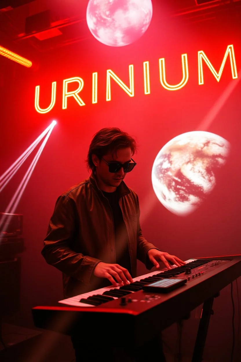 French cool synth player, he is called "Jean-Maurice Brûlée" performing at dance club, his name is "Jean-Maurice Brûlée" , white and orange Neon lights and oraNGE smog, and "URINIUM" big sign on the wall, he is playing on synthesizers on stage with lot of laser beams and wearing black sunglasses, an earth is projected in background