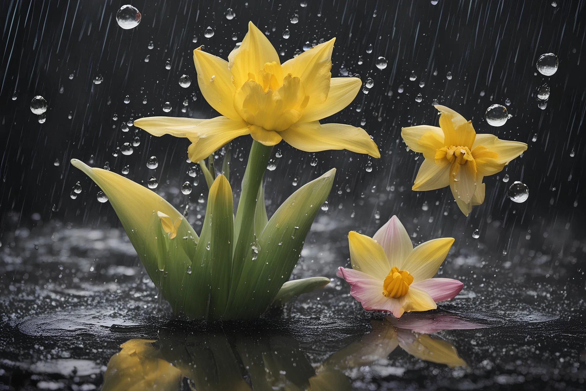 Create a high-definition image of a rainy landscape in which a frog is drenched under a flower in crystal style art frog is looking up at raindrops from colorful daffodil petals on a black background, sheltering from the rain.