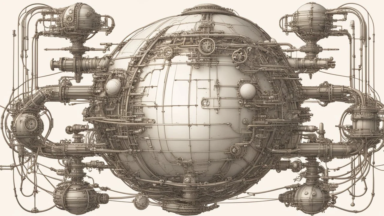 steampunk sphere with tubes, pipes, and wires floating in deep space, detailed