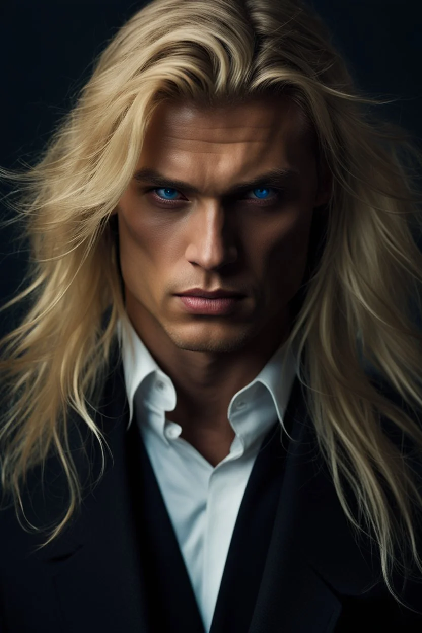 portrait of a malavolent stunningly handsome male aged 25, muscular, long blonde hair, blue eyes, wearing a dark suit, angry expression,4k, modern fantasy