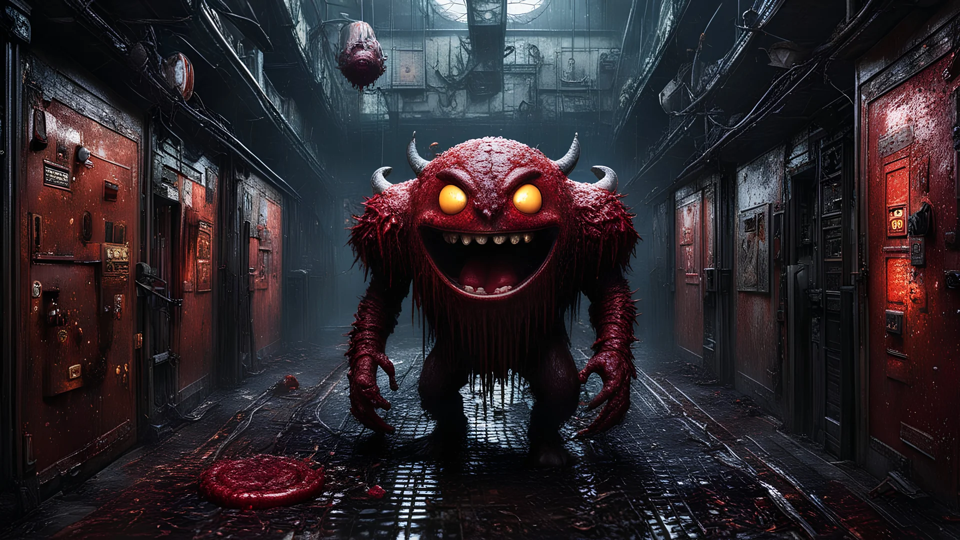 A gritty, full-body shot of an insanely detailed, demon-Pac-Man hybrid, coming at you down a claustrophobic, slaughterhouse hall, Dariusz Zawadzki art style, liminal spaces, horror art, dark arts background, wet, glossy, horror art, trypophobia, eerie, intricate details, HDR, beautifully shot, hyperrealistic, sharp focus, dim foul lighting, 64 megapixels, perfect composition, high contrast, cinematic, atmospheric, moody.