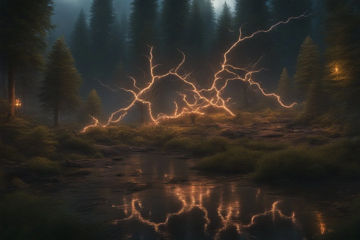 lightning sparkling christmas lights in forest, on lakeside in sunshine detailed matte painting, deep color, fantastical, intricate detail, splash screen, complementary colors, fantasy concept art, 8k resolution trending on Artstation Unreal Engine 5