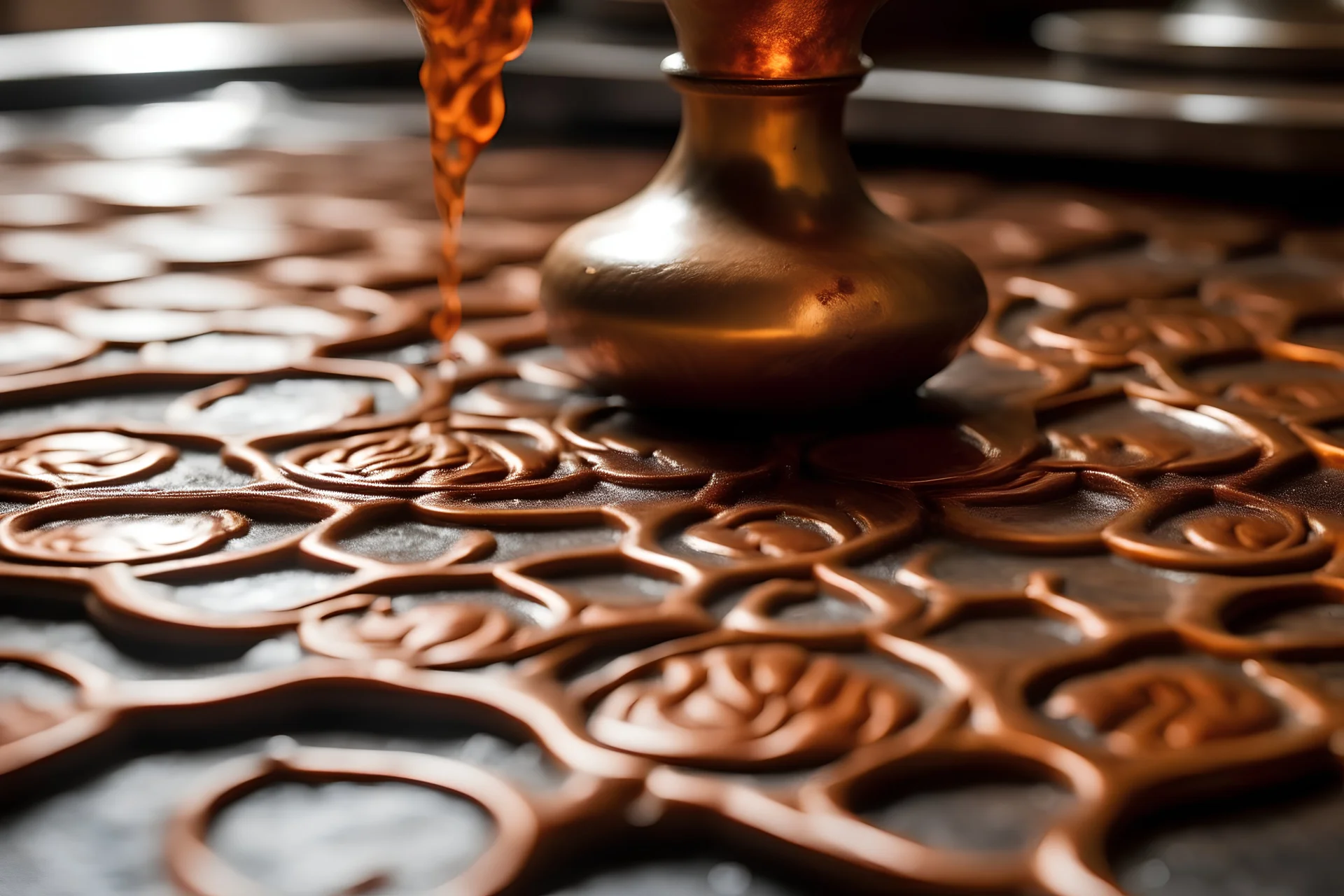 Molten copper coming out of a decorated tile floor
