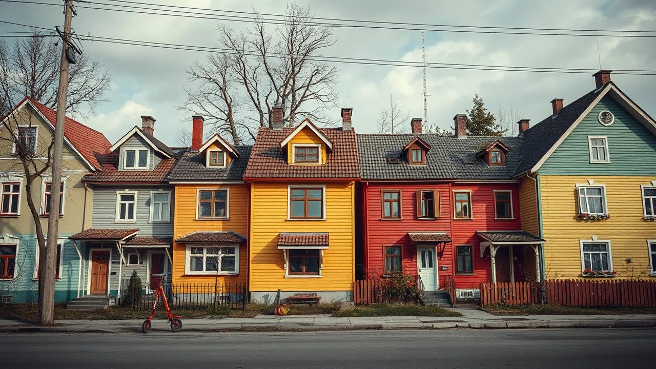 Fotografia di strada random assurda e falsa orripilante Moldavia Transnistria Adighezia weirdcore dai colori vivaci. Non luogo falso, inusuale. Max Ernst. Le case sono false e dipinte di chiaro con cose stilizzate e dettagli. Ci sono strane. , che danno un senso distopico e molto surreale, disposte in modo casuale. L'atmosfera generale sembra noiosa e onirica, con un contrasto tra elementi reali ed elementi dipinti falsi, René Magritte