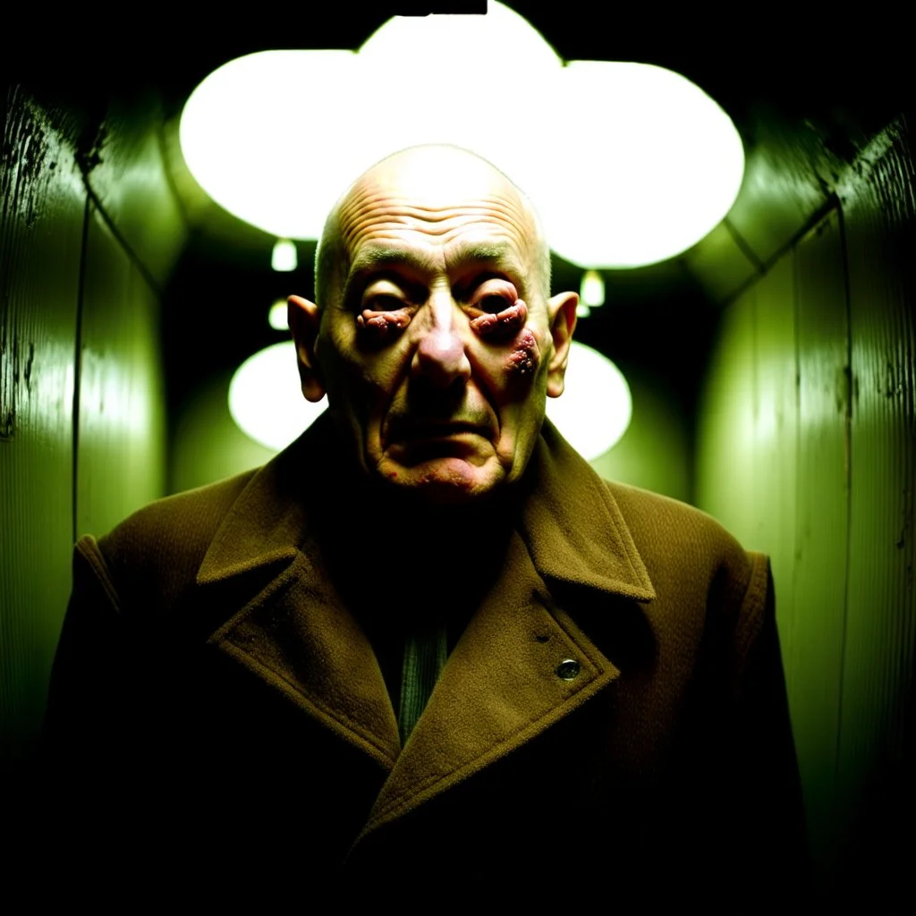 very grainy discolored photo, portrait, dark sewer with no light, grunge, 2000s Russia, punk, outcast, rough, confident, bald older male wearing a coat, extremely pale skin, large flesh bulbs grow out of his face and covering a lot of it, face is disproportionally deformed, hunchback, sewer dweller