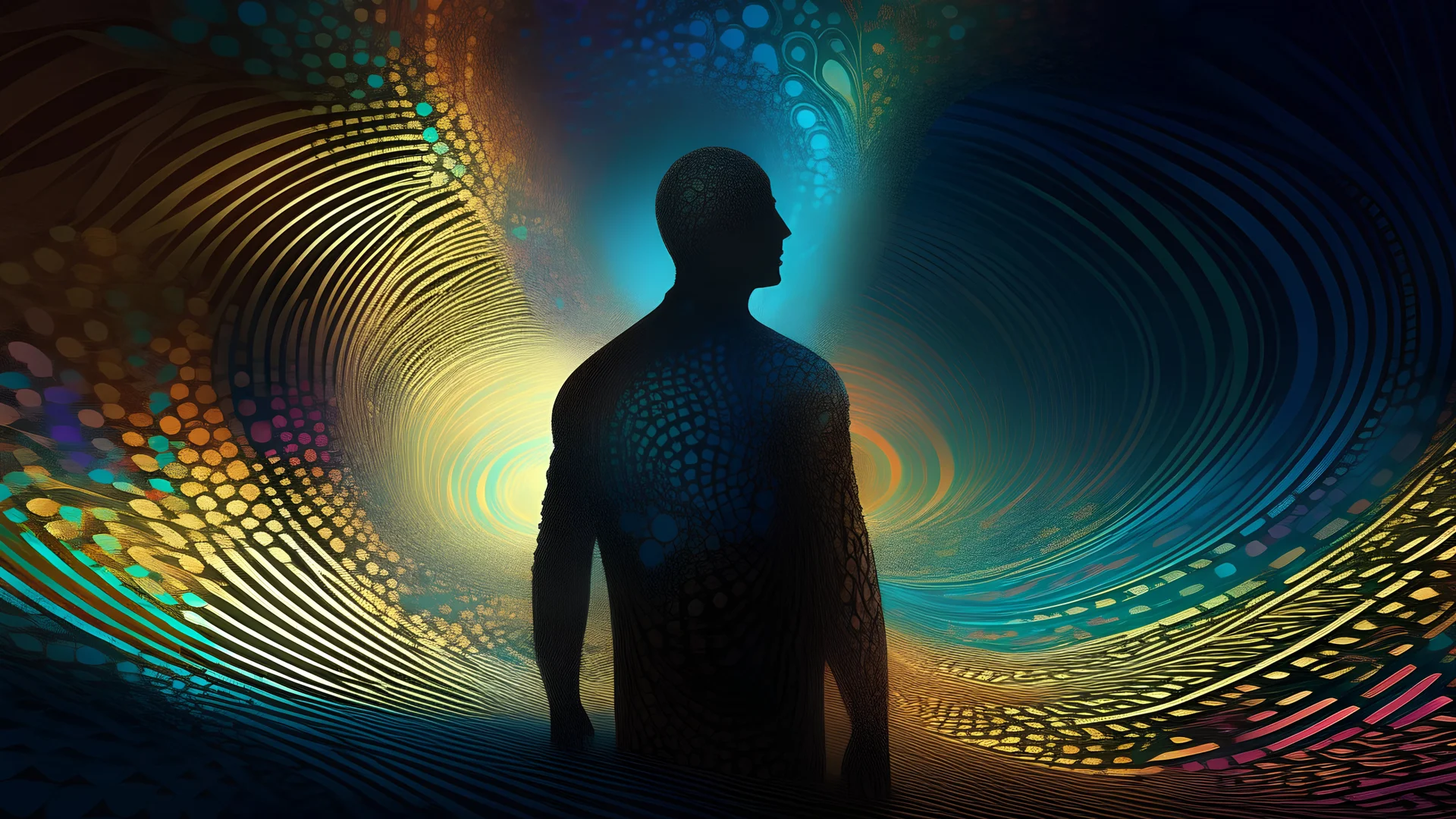 a medium quality digital illustration of a (silhouette) of a person standing ((before a fractal infinity)), abstract art, vibrant colors, fantasy, surreal, dreamlike, digital painting, backlit, mysterious, infinite depth, perspective, conceptual art, intricate patterns, intricate details, visual storytelling