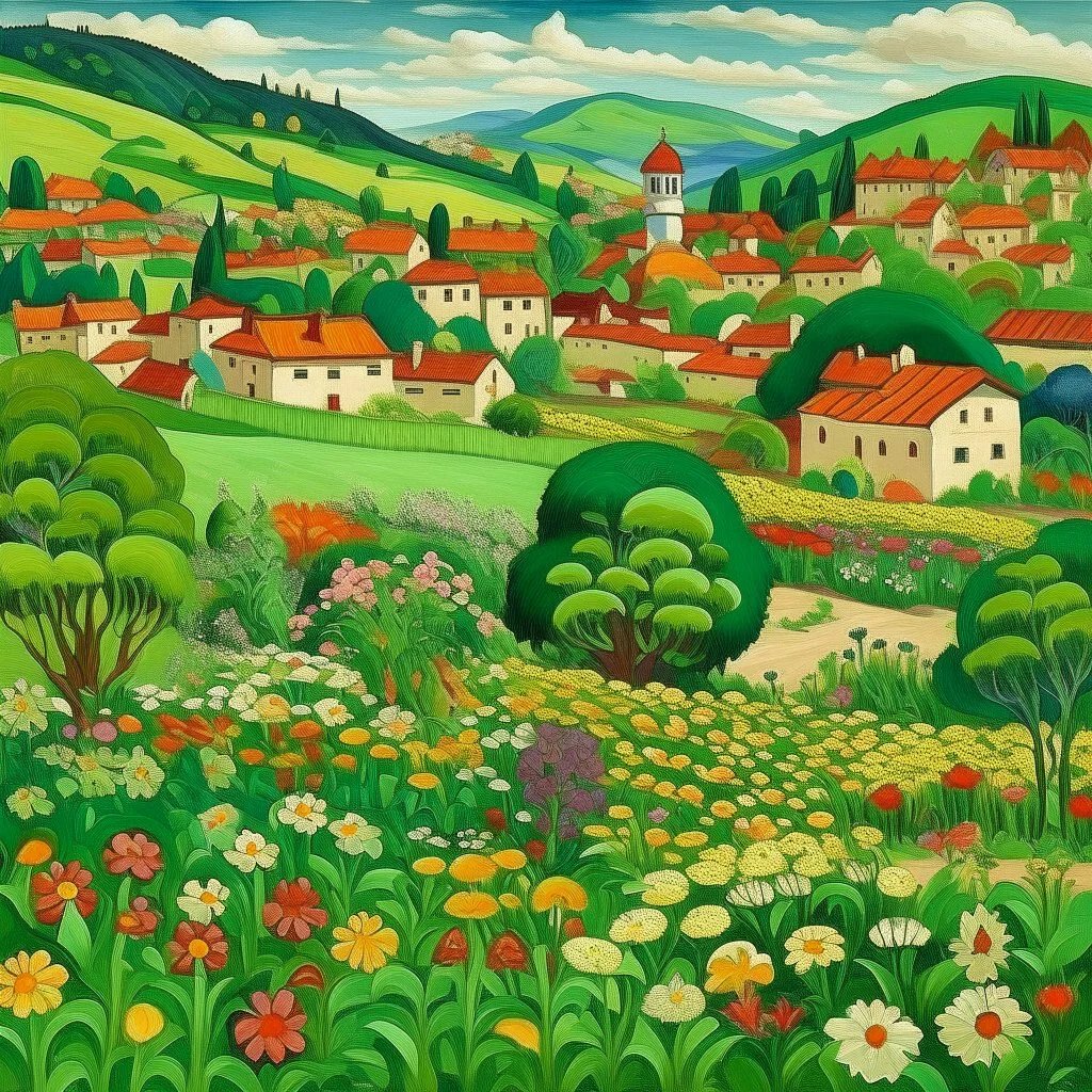 A green grassy town with flowers painted by Diego Rivera
