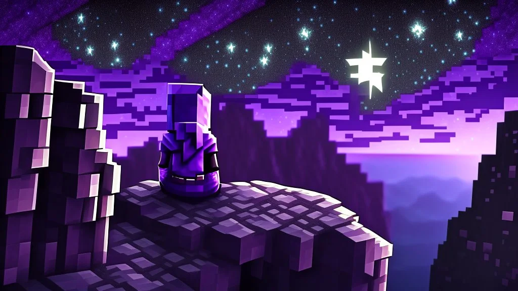 Minecraft Character, minecraft theme, purple starry sky, meditating, facing back, wearing gown, minecraft style, in between two cliffs, sharp edges