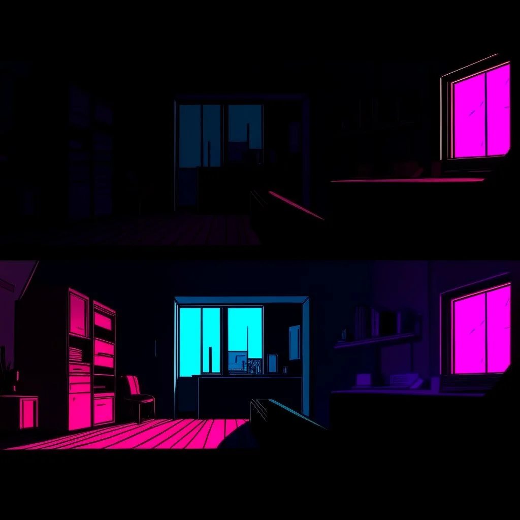 comicbook, duel panels, cartoonish colors, in the left panel, a tv in a minimalist room setting, (in the right panel, a tv (side angle view:1.2)of the tv), background is a haunting dimly lit, decrepit room.The atmosphere should be chilling, with shadows and decay adding to the eerie ambiance, vibrant palette, volumetric lighting