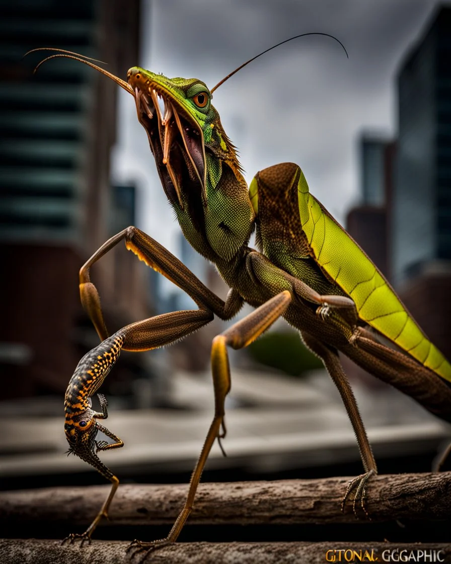 a national geographic style photograph of a eagle mantis lizard hybrid attacking detroit