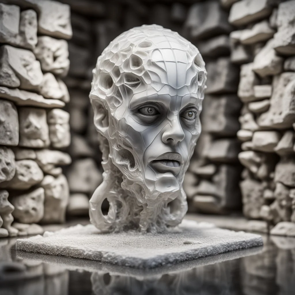 giger escher mind flawyer sculpture in transparent white murano glass in front of crumbeling stone wall,bokeh like f/0.8, tilt-shift lens 8k, high detail, smooth render, down-light, unreal engine,bokeh like f/0.8, tilt-shift lens 8k, high detail, smooth render, down-light, unreal engine