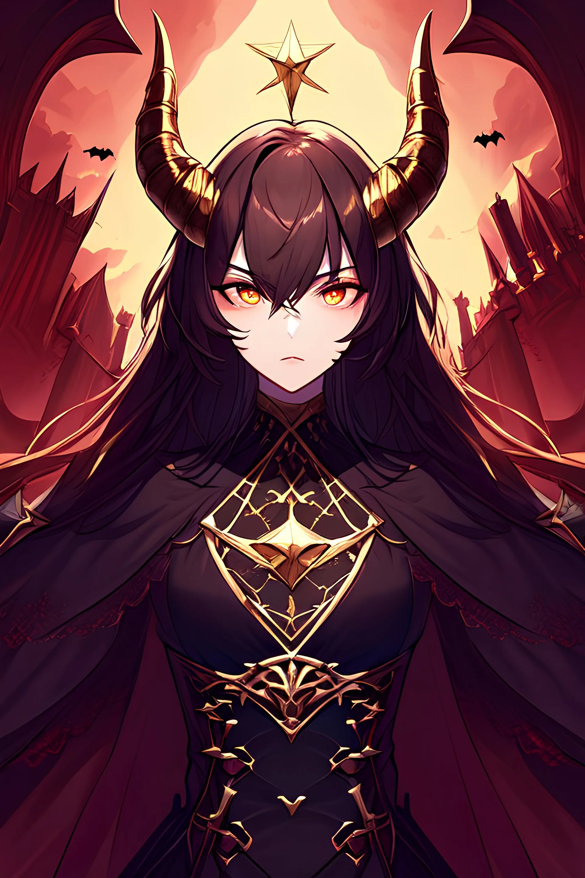 Possessed, vampire queen, front facing, dark, gold horns, dark castle background