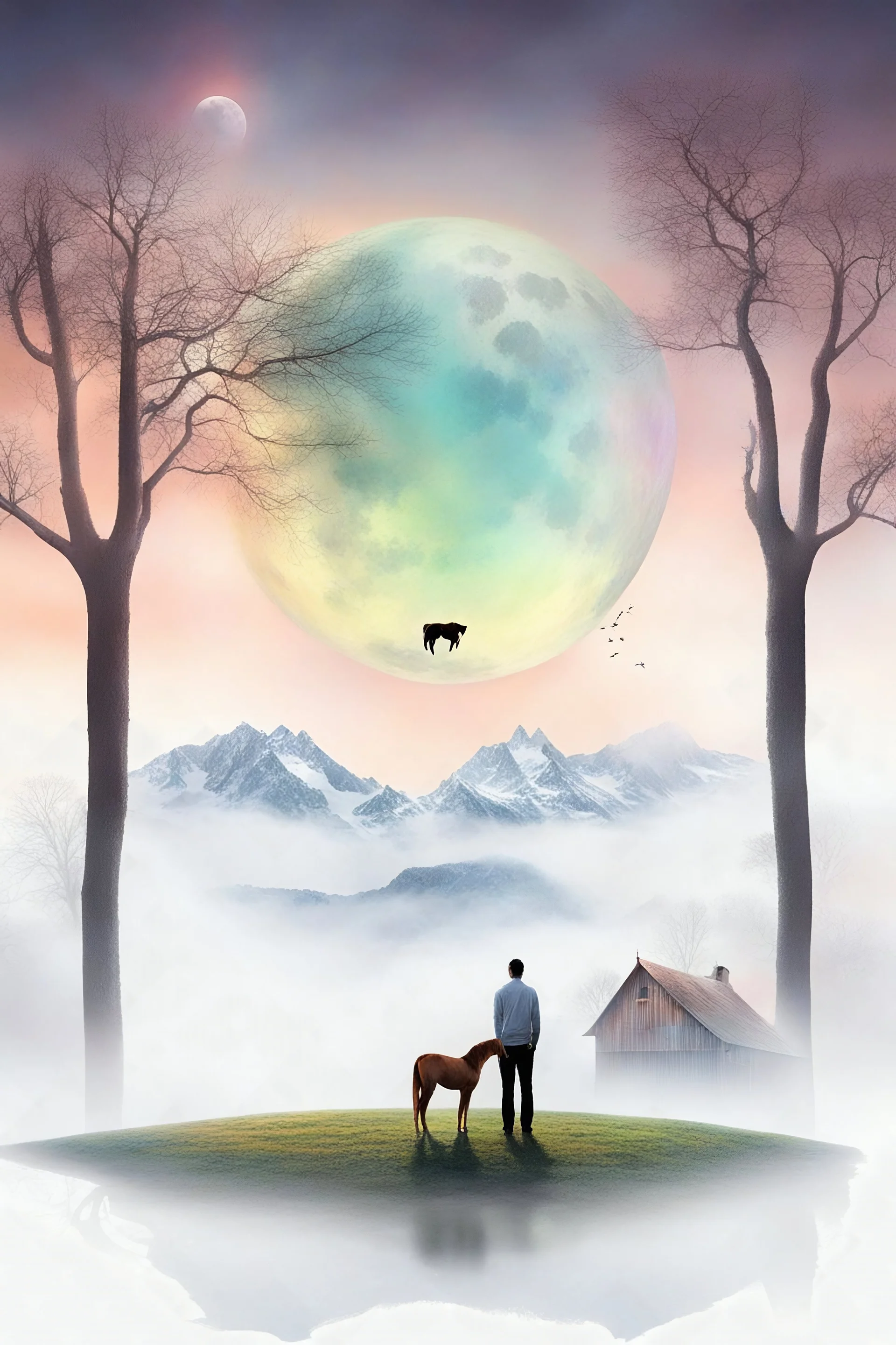 everything in this picture is upside down, A man, a cat, a horse, a tree, a house, a barn, a dog, a mountain range, a moon, fog, mist, trees, this picture is colorful, Having Secks in the backyard