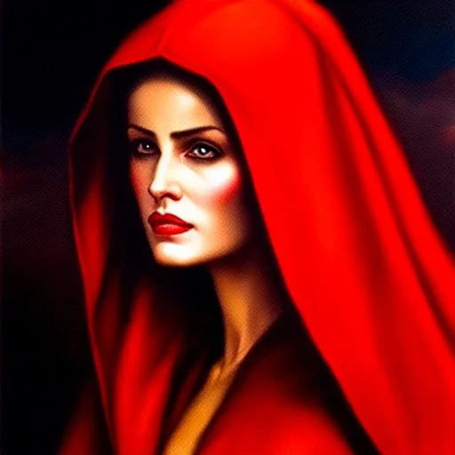 portrait of beautiful busty Red Riding Hood painting by Brom, oil on canvas, cinematic composition, extreme detail,fit full head inside picture