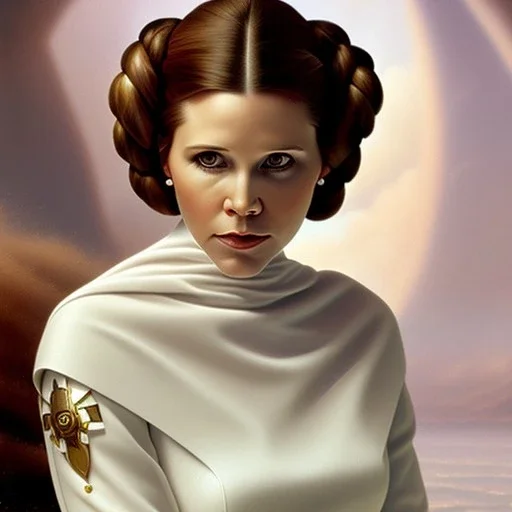 extremely detailed 8k hyperspace wallpaper,complete and photo realistic detailed head to waist stunning photo realistic portrait of carrie fisher as Princess Leia in star wars with photo realistic minimal updo hair , brown eyes, professional majestic oil painting by Ed Blinkey, Atey Ghailan, by Jeremy Mann, Greg Manchess, Antonio Moro, trending on ArtStation, Intricate, High Detail, Sharp focus, dramatic, by greg rutkowski, realism, beautiful and detailed lighting, shadows