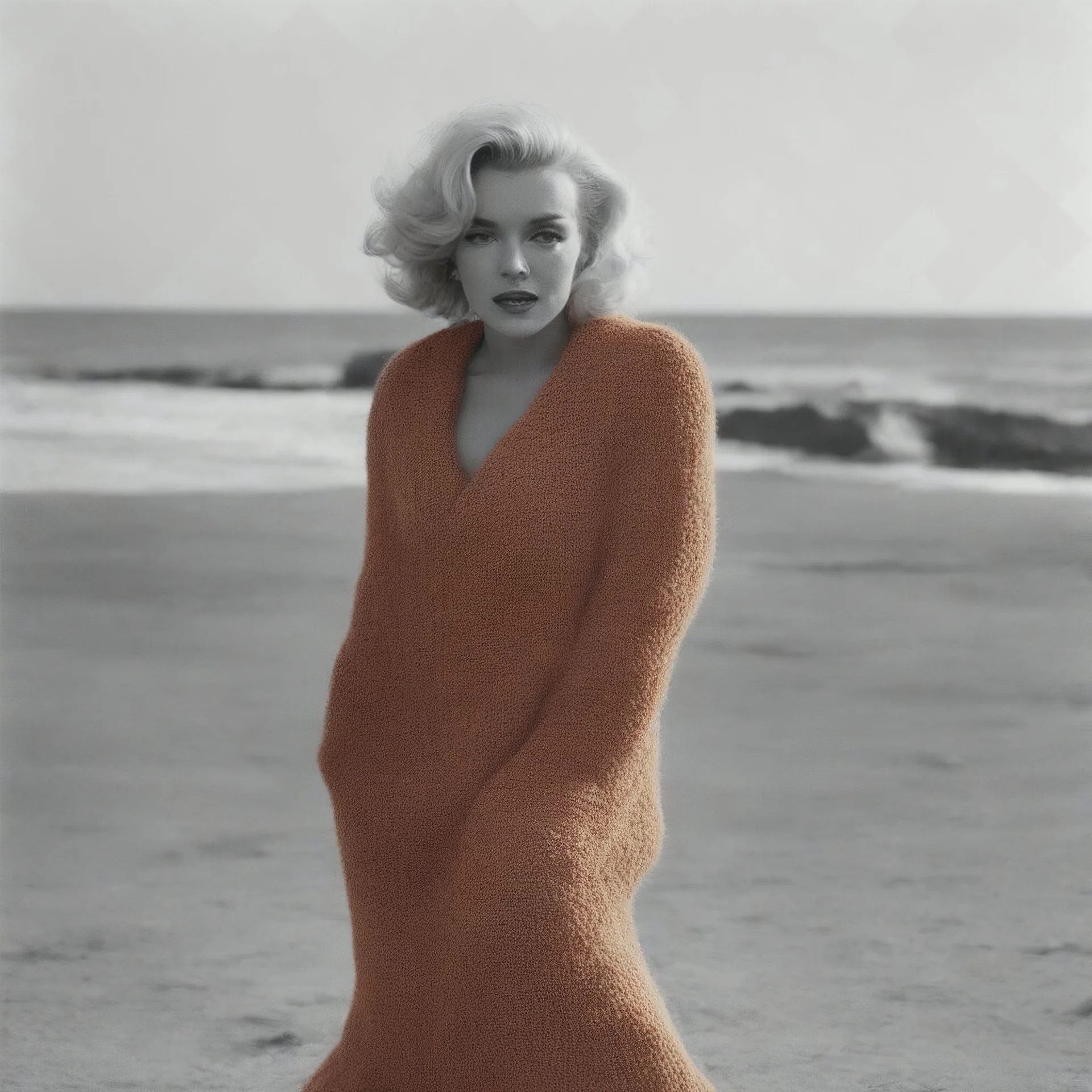 Marilyn monroe with long plaids, in a large orange woollen sweater, on the beach, in the sun, wind