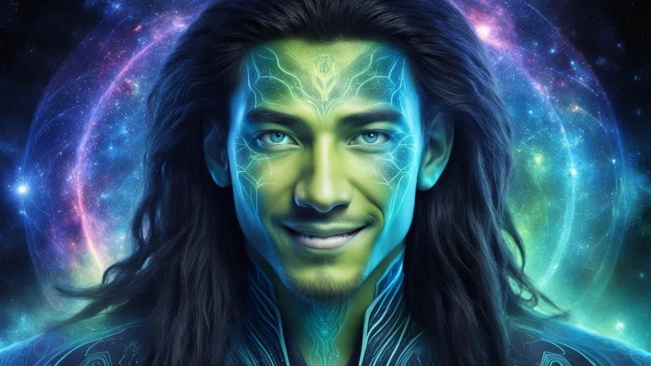 beautiful gorgeous young man na'vi with long hair, Avatar, blue skin, two small ears, green eyes, black hair, in cosmic suit, galactic ambiance, medium pointy goatee , smiling, nebulas and sacred geometry light figures on the backgroud,