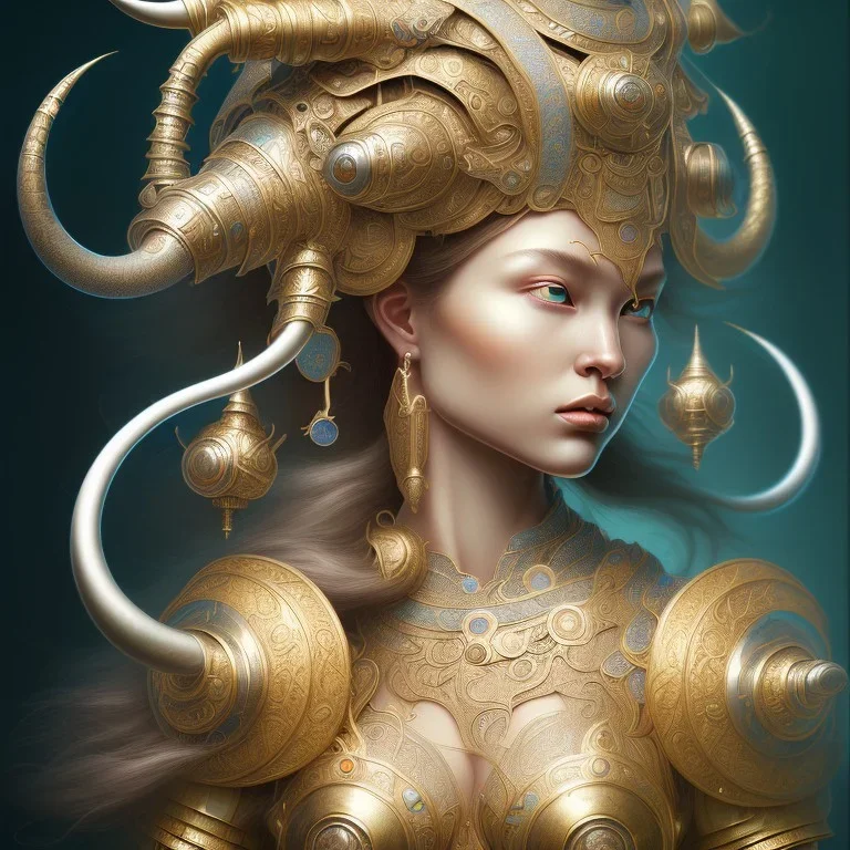 Sango fantasy, fantasy magic, intricate, sharp focus, illustration, highly detailed, digital painting, concept art, matte, art germ and Paul Lewin and Kehinde Wiley, masterpiece silver elephant head bronze Buddha Asian African girl nice breast Hawaiian hair turquoise golden waves