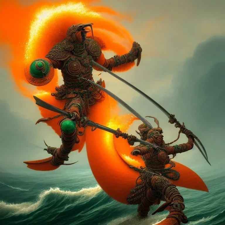 an ibis warrior in orange and green full battle armor, a highly detailed illustration, background of giant crashing ocean waves, realistic render, 8 k, micro detail, intricate, elegant, centered, digital painting, Artstation, smooth, sharp focus, illustration, artgerm, tomasz alen kopera, peter mohrbacher, donato giancola, joseph christian leyendecker, wlop, boris vallejo