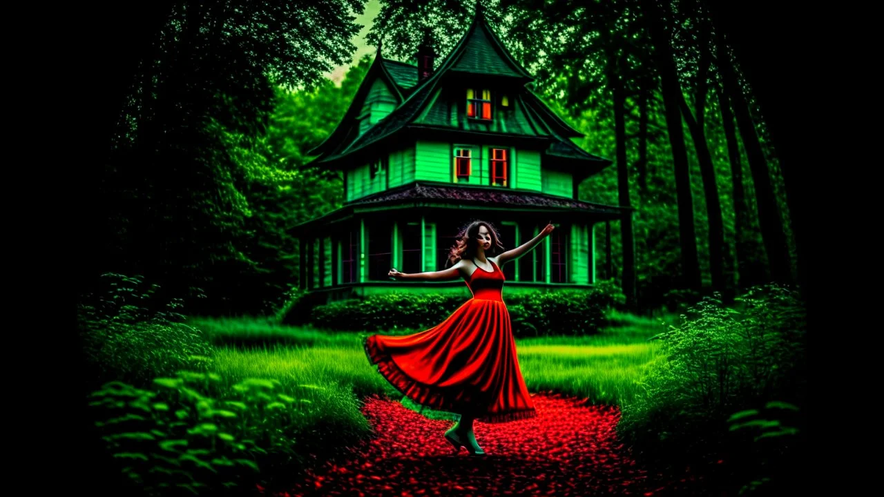 slim nymph dancing in a woodland clearing, with a gothic house behind her. vibrant colour