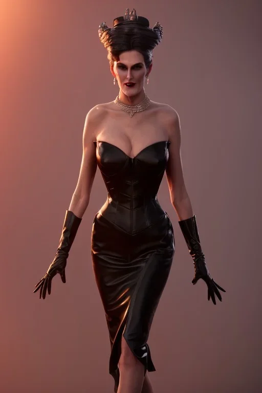 Carmen Dell`orifice as evil queen in black leather gown, angry, busty, curvey, cleavage, unreal 5, octane render,cinema4d, dynamic lighting, dramatic lighting, 4k, redshift render, highly detailed, hyper realistic