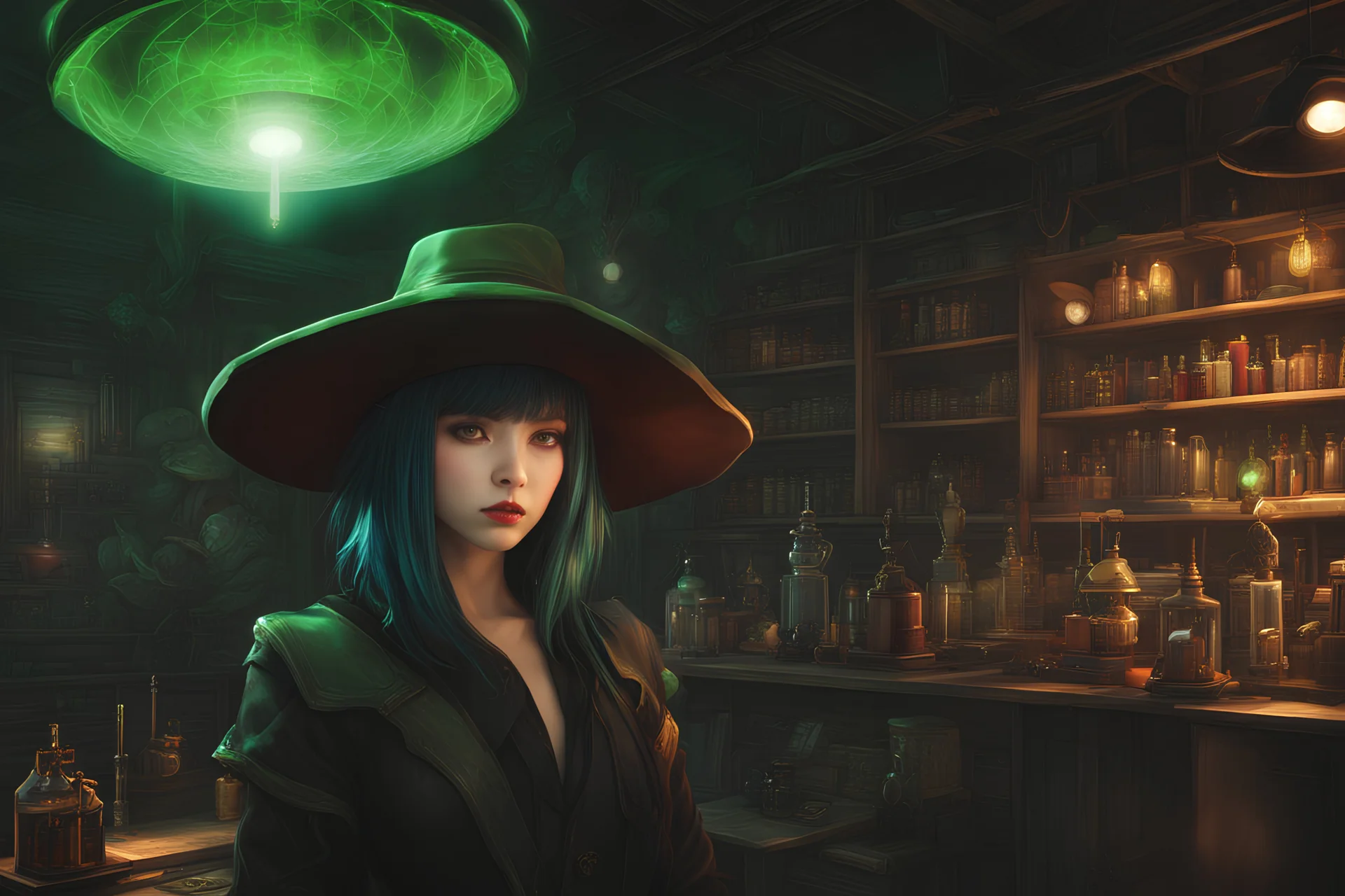 by Masakazu_Katsura_and_Kentaro_Miura :: portrait_of_a_gorgeus_aetherpunk_witch_with_floppy_hat_played_by_Eichiro_Oda_inside_magical_science_lab, green_glowing_aura :: low_light :: blak red bioluminescent_props