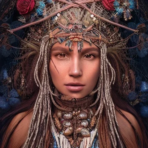 Insanely detailed photograph of an “portrait of gorgeous native american goddess ” with intricate hair, intricate embroidered dress, beautiful clear face and hyperdetailed painting by Ismail Inceoglu Huang Guangjian and Dan Witz CGSociety ZBrush Central fantasy art album cover art,8K, hdr, romantic, mysterious, ominous, flowers, jewelry, comfort, natural eyes, "arms open for embrace"